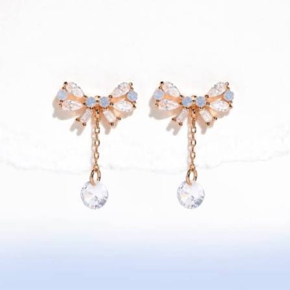 Rose Gold Bow Drop Earrings with Clear Crystals